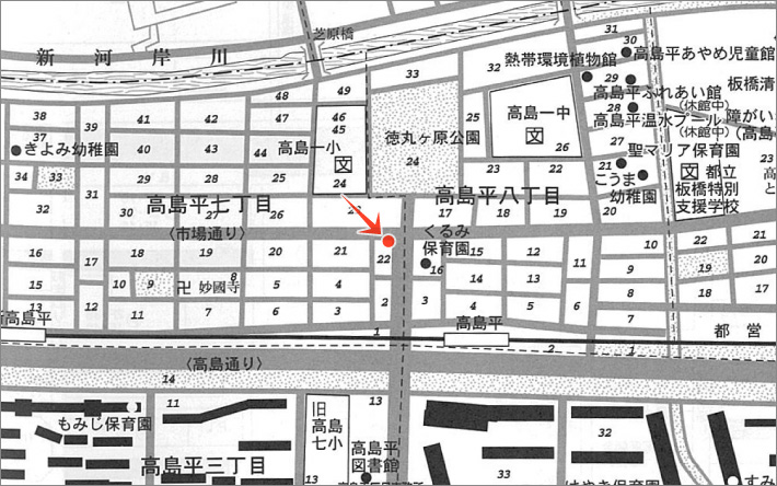 ｢美咲会｣ 活動報告：高島平7丁目市場通りの植え込みの一部を花壇化 (地図提供：高島平新聞社)